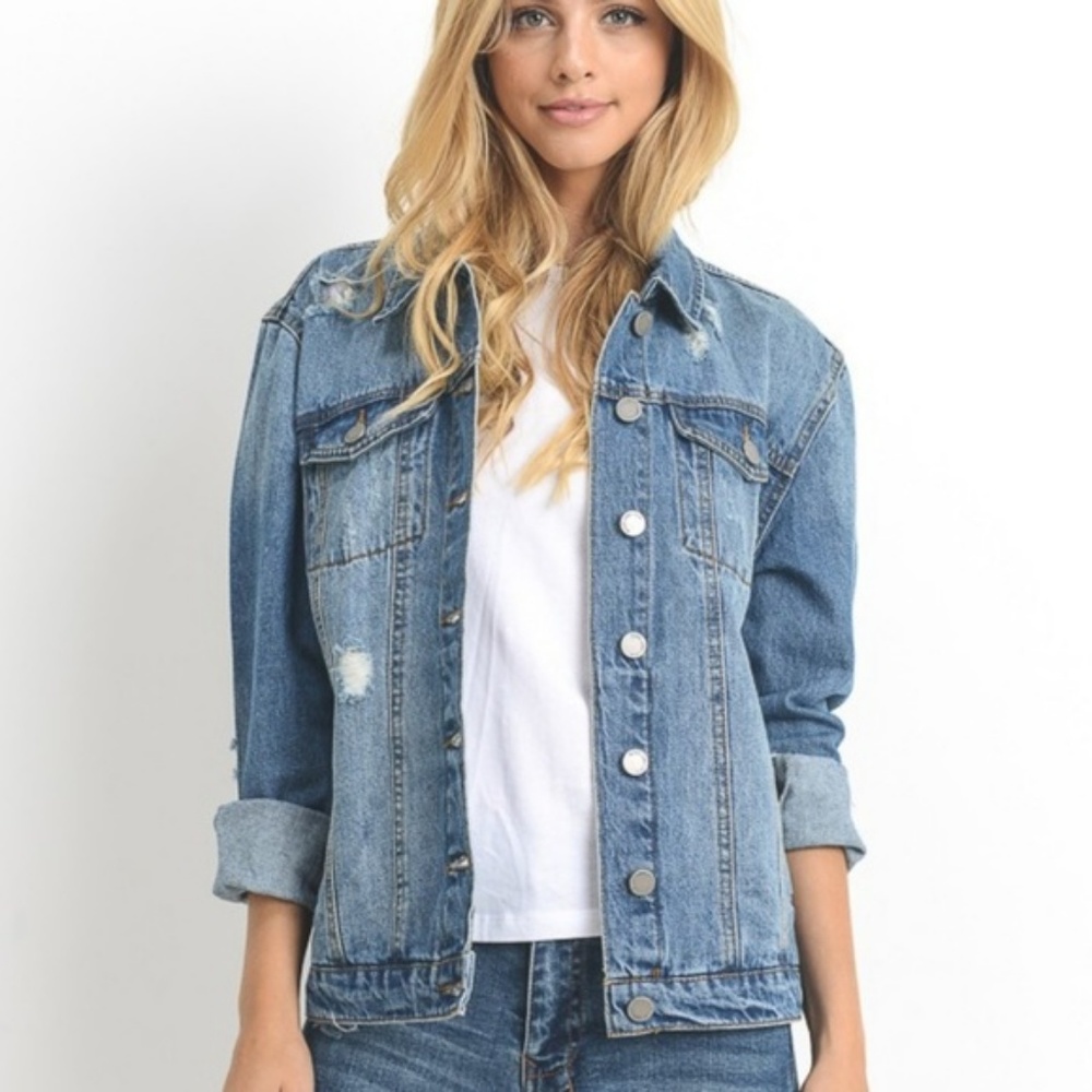 Distressed Denim Jacket Front Pocket 100% Cotton - Picture 5 of 8